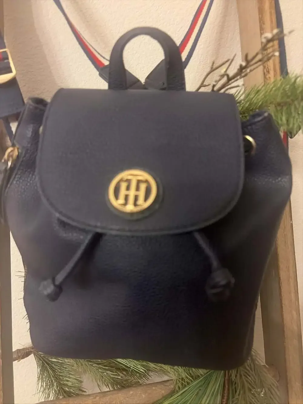 Tommy Hilfiger Navy Blue Faux Leather Drawstring Small Backpack with Striped Str